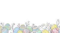 Easter border with decorated eggs and cute white rabbits on transparent background for spring holiday designs and greeting cards.