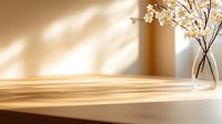 Minimalist scene with white cherry blossom branches in glass vase on wooden surface, natural window light casting soft shadows, warm beige background for product display.