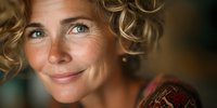 Portrait of mature woman with curly blonde hair, green eyes, and freckles smiling warmly at camera, wearing colorful patterned clothing in soft natural light.