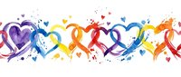 Colorful watercolor hearts border with paint splashes and drops creating romantic decorative frame for Valentine's Day cards and love-themed designs.