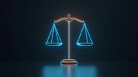 Glowing neon blue scales of justice balanced on dark background, symbolizing law, legal system, and equality in modern minimalist style.