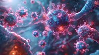 Microscopic view of virus particles with pink protein spikes floating in blue cellular environment, showing detailed molecular structure.