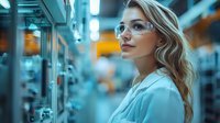 Young female scientist in protective eyewear and lab coat working in modern research facility with glowing blue technological equipment and orange accent lighting.