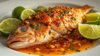 Grilled whole fish with spicy chili lime sauce and fresh herbs, garnished with lime wedges on white plate. Healthy seafood dinner recipe for restaurant menu.
