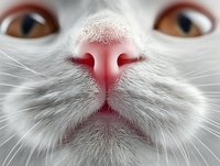 Close-up macro view of white cat face showing pink nose, whiskers and amber eyes. Feline pet portrait with detailed fur texture and facial features.