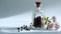 Glass bottle with cork stopper containing black peppercorns, scattered spice and delicate pink flowers on light surface with soft shadows.