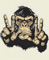 Fierce ape showing peace sign gesture with both hands against light background, dramatic facial expression with red eyes. Isolated illustration for apparel design.
