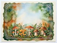 Watercolor forest mushroom frame with ferns and berries, earthy tones, copy space, vintage botanical art style for cards and prints.
