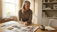 Woman with blonde hair, middle-aged, Caucasian ethnicity, wearing casual brown sweater, sitting at wooden desk in bright home office, reviewing printed photographs and design layouts, with coffee cup and laptop nearby, natural window light streaming in, shelving with books in background, creative professional workspace.