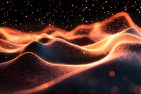 Abstract orange glowing waves of particles flowing over dark background with sparkles and bokeh effect create futuristic digital landscape.