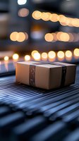 Brown cardboard package on conveyor belt with blurred bokeh lights in background, creating atmospheric delivery and logistics scene for e-commerce concepts.