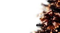 Elegant copper-colored satin bows and twinkling lights on evergreen branches create festive Christmas corner decoration against white background, perfect for holiday designs.