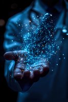 Glowing blue network hologram floating above business person's palm, representing digital transformation and global connectivity in technology sector.