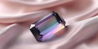 Iridescent rainbow gemstone with holographic surface reflecting light on soft pink silk fabric creating luxury jewelry display background.