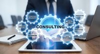 Business consulting concept with glowing gear mechanism and strategy, growth, teamwork, data analysis keywords over businessman hands holding tablet.