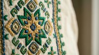 Traditional ethnic embroidery with green and gold geometric patterns on white fabric showcasing detailed needlework and cultural textile art for craft projects.