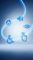 Digital accessibility icons connected by glowing blue lines on gradient background representing inclusive technology and universal design principles.