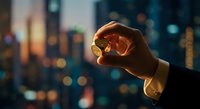 Hand holding glowing golden coin against blurred city lights at night representing cryptocurrency investment and digital finance success.