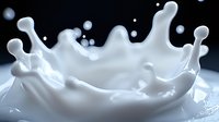 Dramatic milk crown splash frozen in time against dark background, showcasing liquid dynamics with pure white droplets and smooth rippling surface.