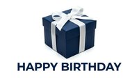 Navy blue gift box with white ribbon bow and Happy Birthday text on white background, isolated for greeting cards and celebration designs.