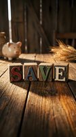 Rustic wooden letter blocks spelling SAVE on a weathered table with a piggy bank and wheat stalks, evoking financial planning and frugal living.