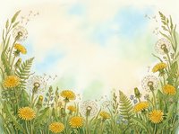 Watercolor meadow frame with yellow dandelions, fluffy seed heads, ferns, and wildflowers on a soft sky background with copy space.