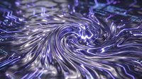 Swirling purple and silver liquid metal waves with glowing light effects create an abstract flowing motion background for digital design projects.