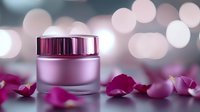 Pink cosmetic cream jar with metallic lid surrounded by rose petals on blurred bokeh background. Luxury skincare product photography for beauty and wellness advertising.