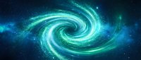 Luminous turquoise spiral galaxy swirling through deep space with glowing cosmic dust and starfield background for astronomy and science fiction projects.