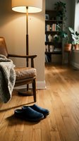 Cozy living room interior with leather armchair, floor lamp, blue slippers on hardwood floors, bookshelf and plants in warm ambient lighting for home decor.