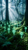 Mystical forest with towering trees, lush moss-covered ground, and ethereal sunlight rays filtering through canopy. Glowing neon green solar panel installations integrated into woodland landscape for renewable energy concept.