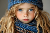 Young girl with striking blue eyes wearing knitted blue winter hat and scarf, blonde curly hair framing face in close-up portrait showing innocent expression.