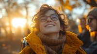 Young woman with glasses and curly hair smiling in warm sunset light, wearing cozy yellow jacket and turtleneck sweater for autumn outdoor portrait photography.