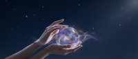 Hands cupping glowing energy orb with purple light against starry night sky background for spiritual healing and mystical power concepts.