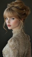 Young woman with blonde updo hairstyle and bangs wearing vintage high neck lace dress with beading details against dark background, romantic portrait in soft lighting.