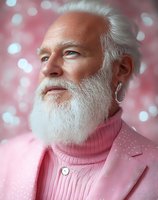 Senior man with long white beard and bald head wearing pink turtleneck and blazer against bokeh background, suitable for fashion, lifestyle, and portrait projects.