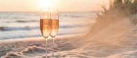 Two champagne flutes filled with sparkling wine on sandy beach at sunset with ocean waves and palm trees creating romantic tropical vacation atmosphere.