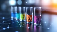 Colorful glowing liquid samples in test tubes on dark background with connected dots pattern, scientific laboratory research concept for biotechnology studies.
