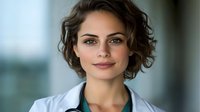 Young female medical professional with short wavy brown hair wearing white lab coat and teal scrubs, smiling confidently at camera against blurred hospital background.