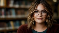 Young Caucasian woman with wavy brown hair and glasses smiling warmly in library setting. Wearing burgundy cardigan against blurred bookshelf background. Natural makeup and confident expression.