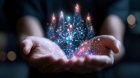 Hands holding glowing digital crown with sparkling particles, representing leadership, success, achievement, power, innovation, technology, and business growth concepts.