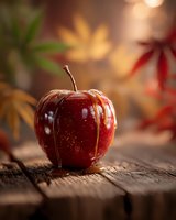 Shiny red apple on rustic wooden surface with colorful autumn leaves blurred in background, creating warm seasonal atmosphere.