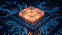 Futuristic AI processor chip with glowing orange neural networks and blue circuit board connections for technology and computing concepts.