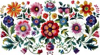 Vibrant folk art floral arrangement with colorful daisies, wildflowers and decorative leaves in traditional European style on white background, suitable for textile design.