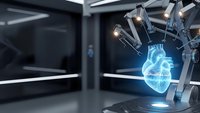 Futuristic medical laboratory with holographic human heart projection surrounded by robotic surgical arms in high-tech facility for healthcare innovation.