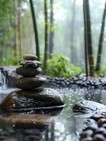 Balanced wet stones in zen garden with bamboo forest background and water reflection creating peaceful meditation atmosphere for wellness and spa design.