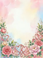 Watercolor floral frame with pink roses, peonies, and decorative hearts on soft pastel background. Isolated design ready for invitations, greeting cards, and wedding stationery projects.