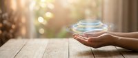 Hand holding glowing holographic sphere on wooden table with blurred window background, representing technology, innovation, and future digital solutions.