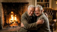 Two elderly Caucasian men embracing warmly by cozy fireplace in comfortable living room setting. Friendship, family bonding, senior lifestyle concept.