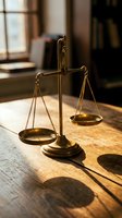 Golden brass scales of justice on wooden desk with warm sunlight streaming through window creating dramatic shadows in law office setting.